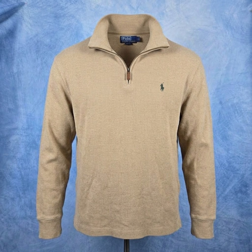 Polo Ralph Lauren Mens Tan Beige Ribbed 100% Cotton Quarter Zip Sweater Size M